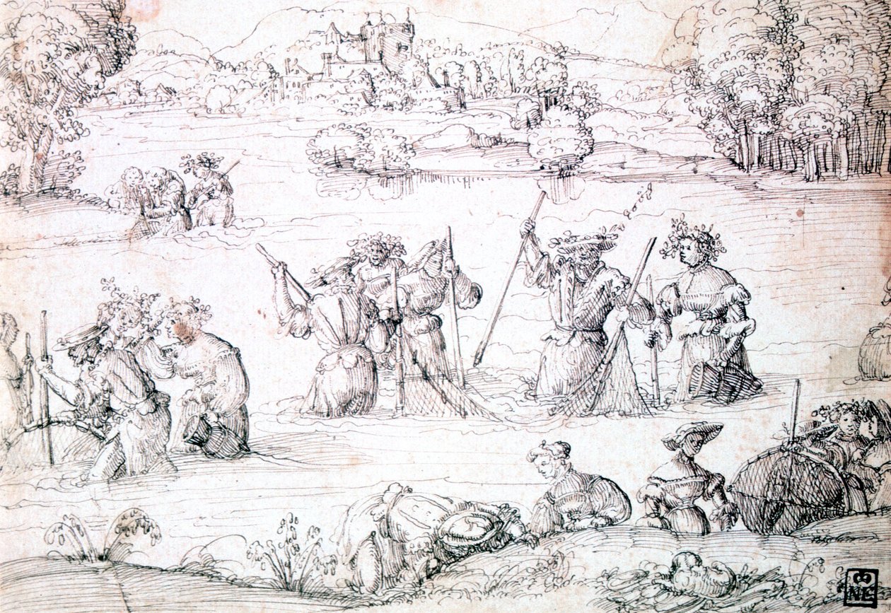 Vissen in de Regen, ca. 1513-1553 door Augustin Hirschvogel