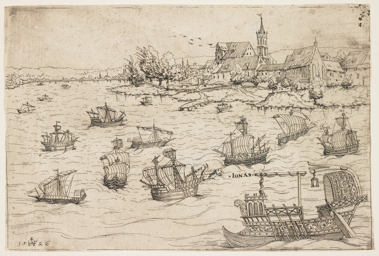 Jona en de Walvis op een Meer met Zeilboten, 1546 door Augustin Hirschvogel