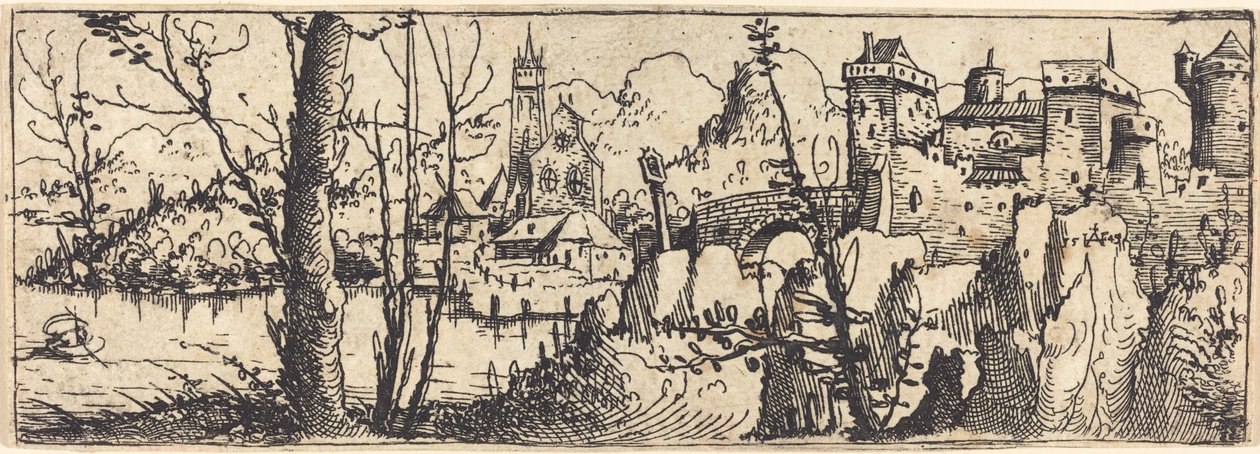 Landschap met kasteel rechts, omgeven door rotsen door Augustin Hirschvogel