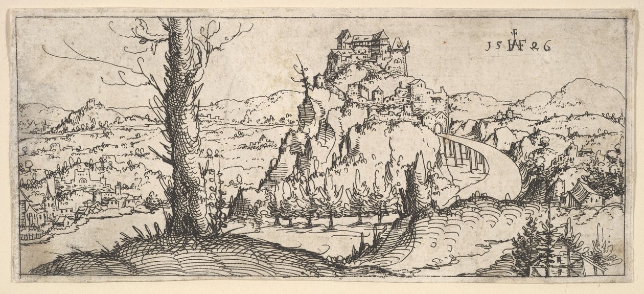 Landschap met Hoge Rotsen en Forten, 1546 door Augustin Hirschvogel