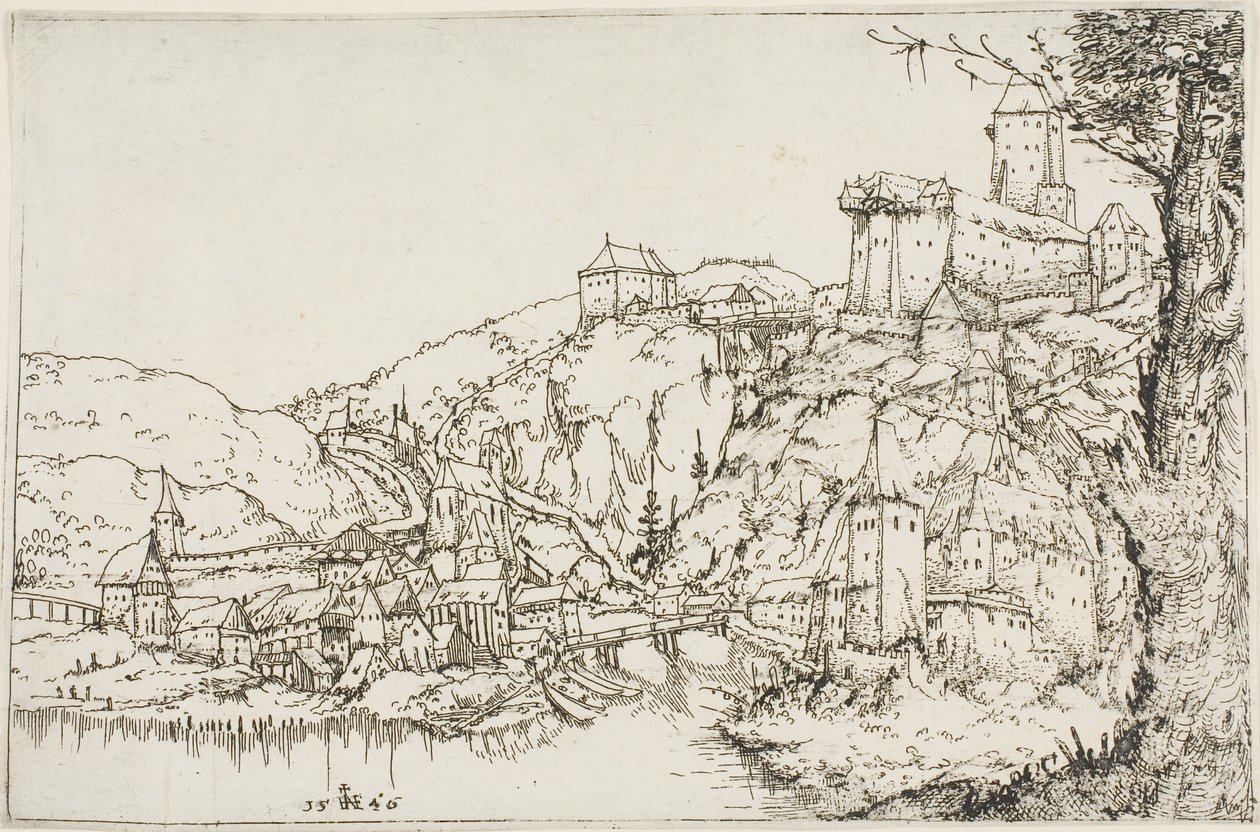 Landschap met rivier, stad en kasteel door Augustin Hirschvogel