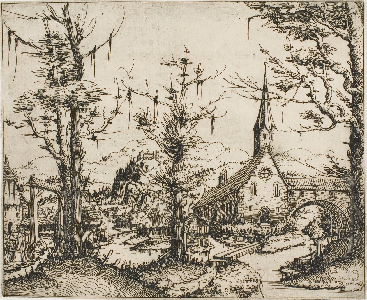 Landschap met een kerk en overdekte brug door Augustin Hirschvogel