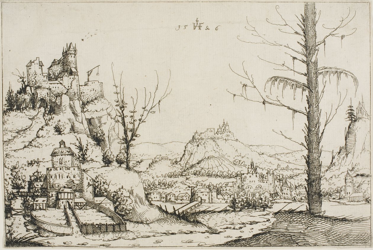 Landschap met een fort op een heuvel door Augustin Hirschvogel