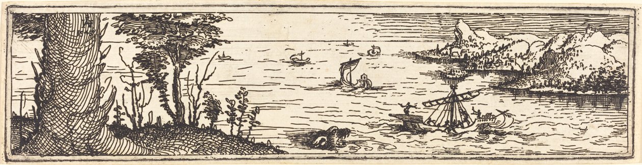 Landschap met een Meer en Zeilboten door Augustin Hirschvogel
