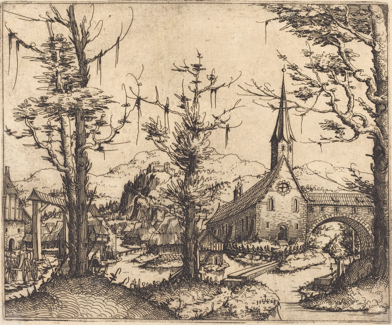 Landschap met een dorpskerk door Augustin Hirschvogel