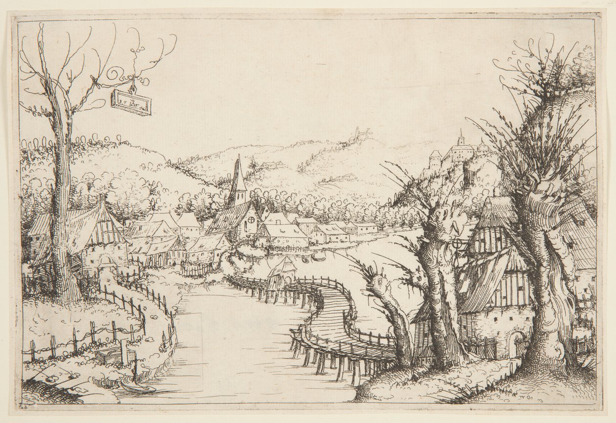 Landschap met een Kronkelende Houten Brug door Augustin Hirschvogel