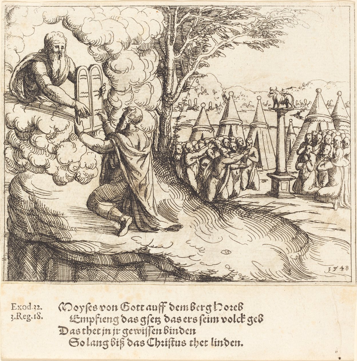 Mozes ontvangt de tafelen, 1548 door Augustin Hirschvogel