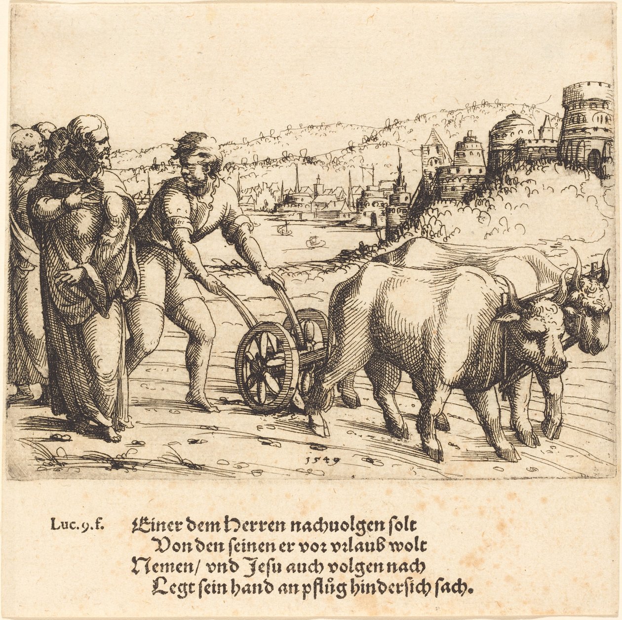 Niemand die zijn hand aan de ploeg slaat en achterom kijkt, is een volgeling van Christus door Augustin Hirschvogel