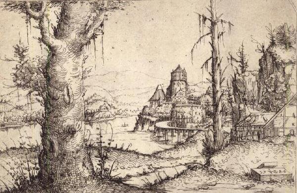 Rivierlandschap met een stevige boom door Augustin Hirschvogel