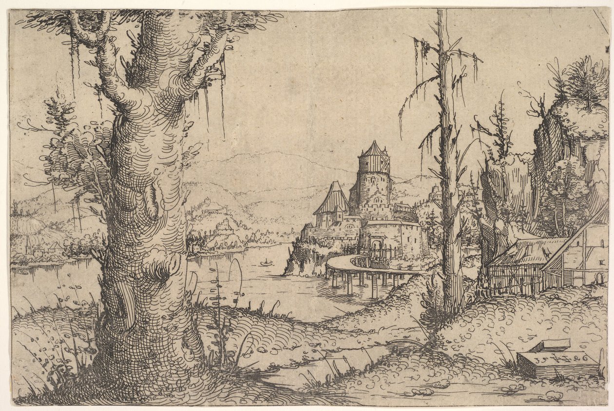 Rivierlandschap met grote boom aan de linkerkant, 1546 door Augustin Hirschvogel