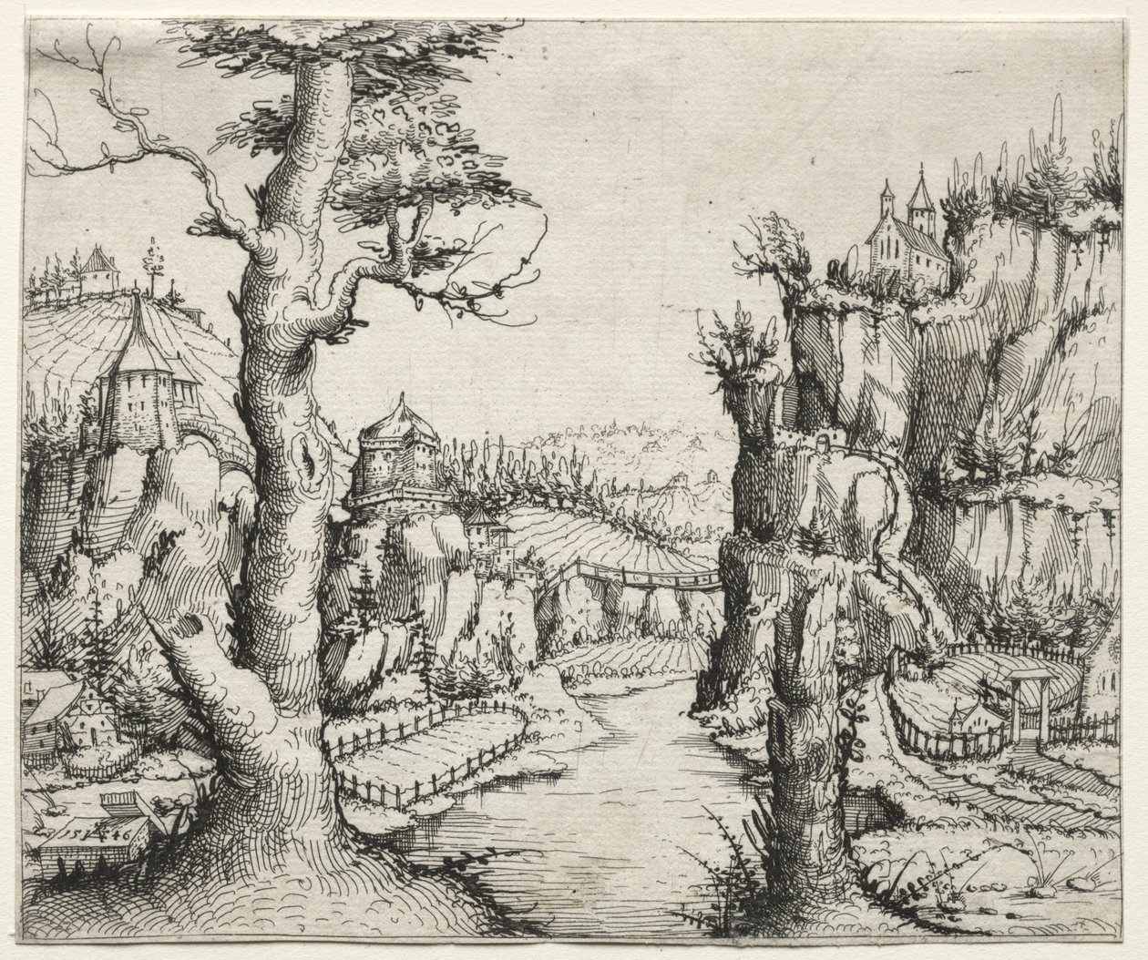 Rivierlandschap met Rotsen Links en Rechts door Augustin Hirschvogel