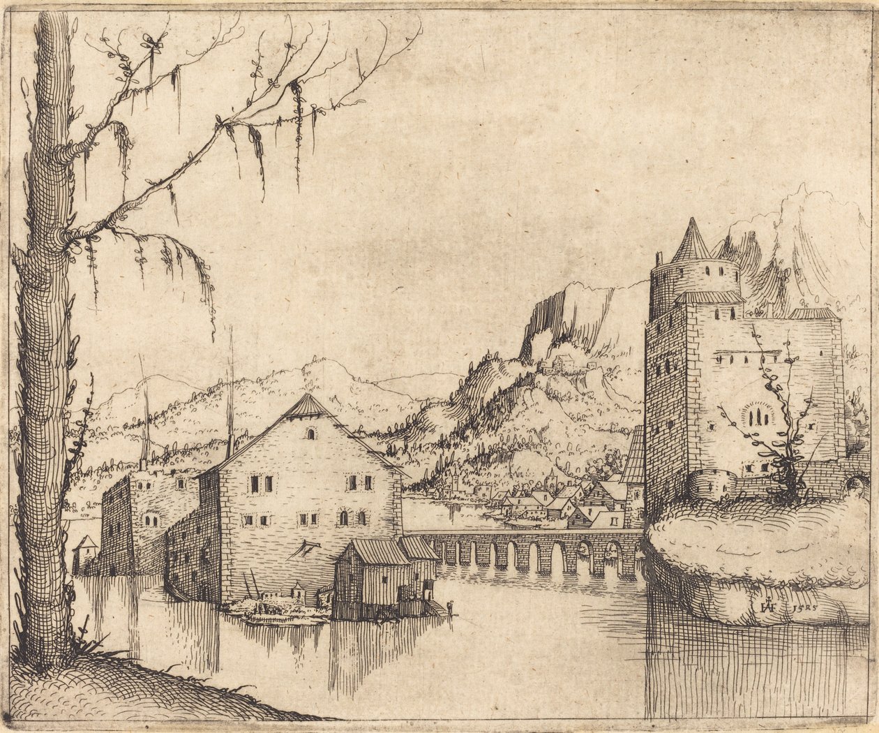 Rivierlandschap met Twee Gebouwen door Augustin Hirschvogel