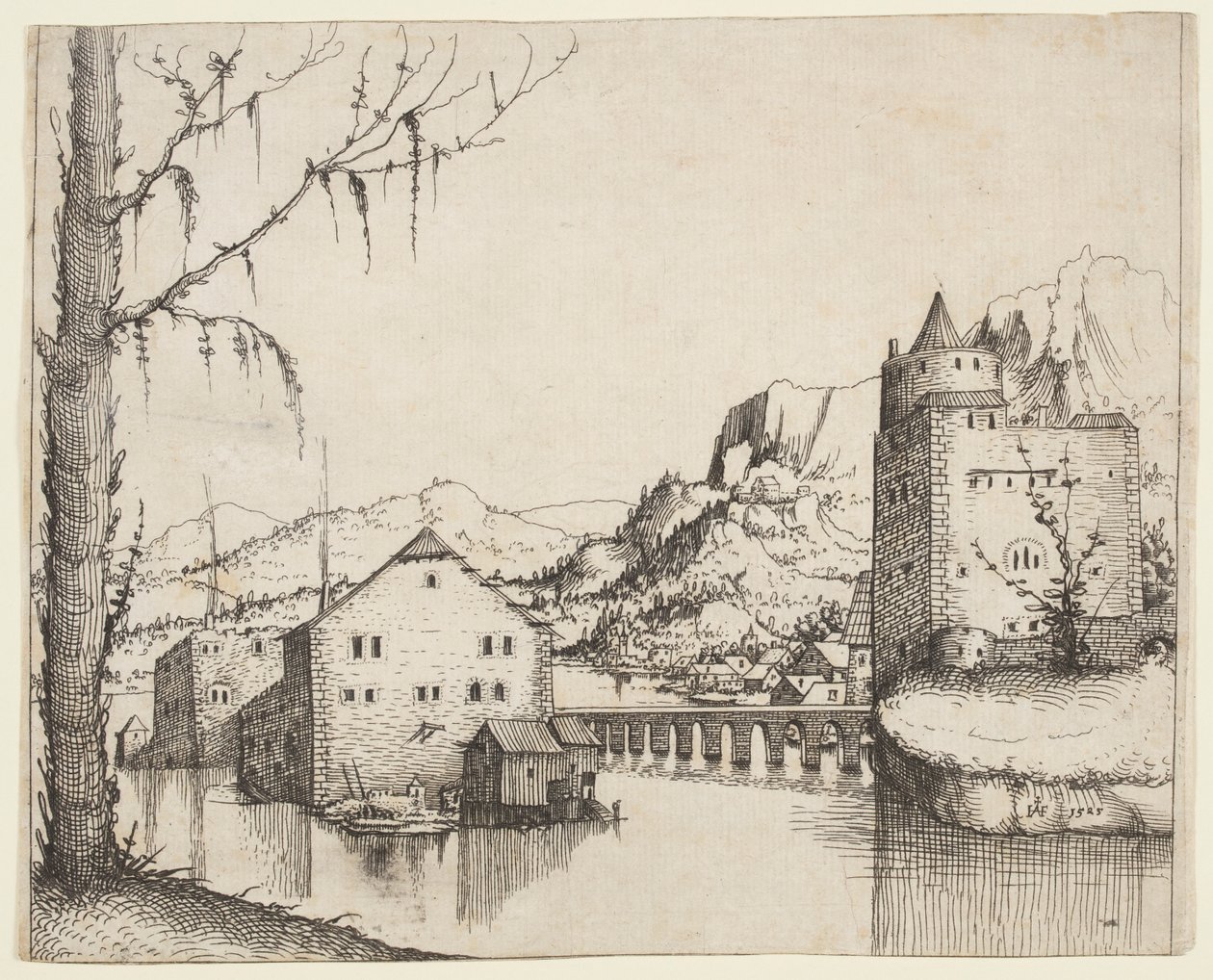 Rivierlandschap met Twee Gebouwen Verbonden door een Brug door Augustin Hirschvogel