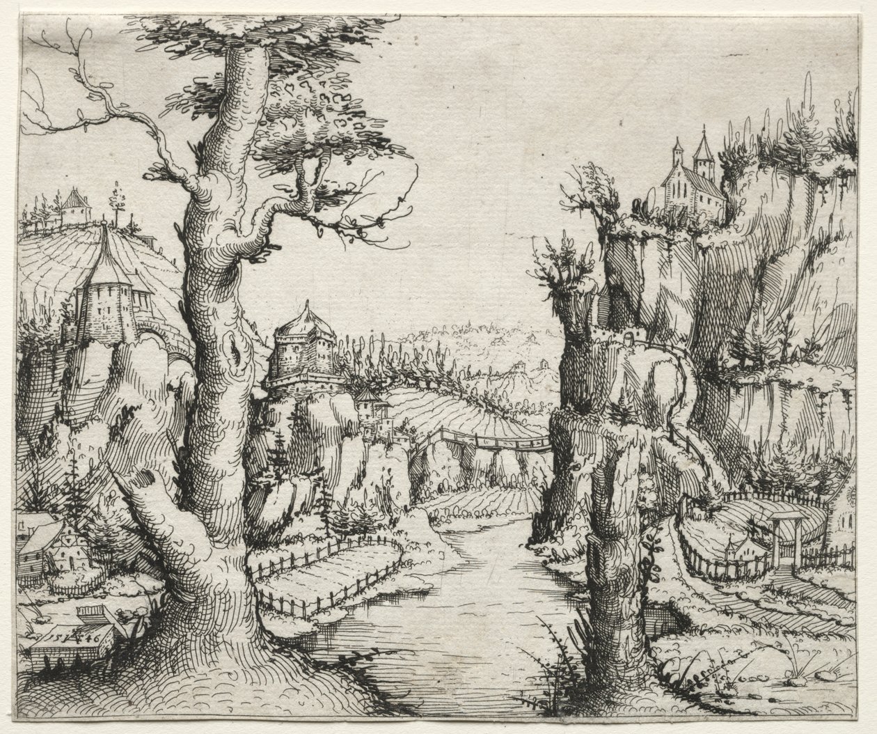 Rivierlandschap met rotsen links en ana rechts door Augustin Hirschvogel