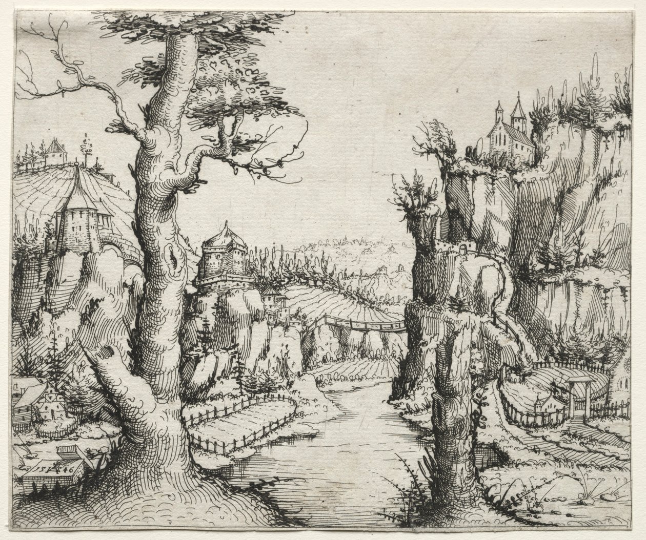 Rivierlandschap met rotsen links en rechts door Augustin Hirschvogel