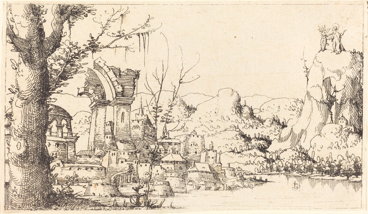 Rivierlandschap met de verzoeking van Christus door Augustin Hirschvogel