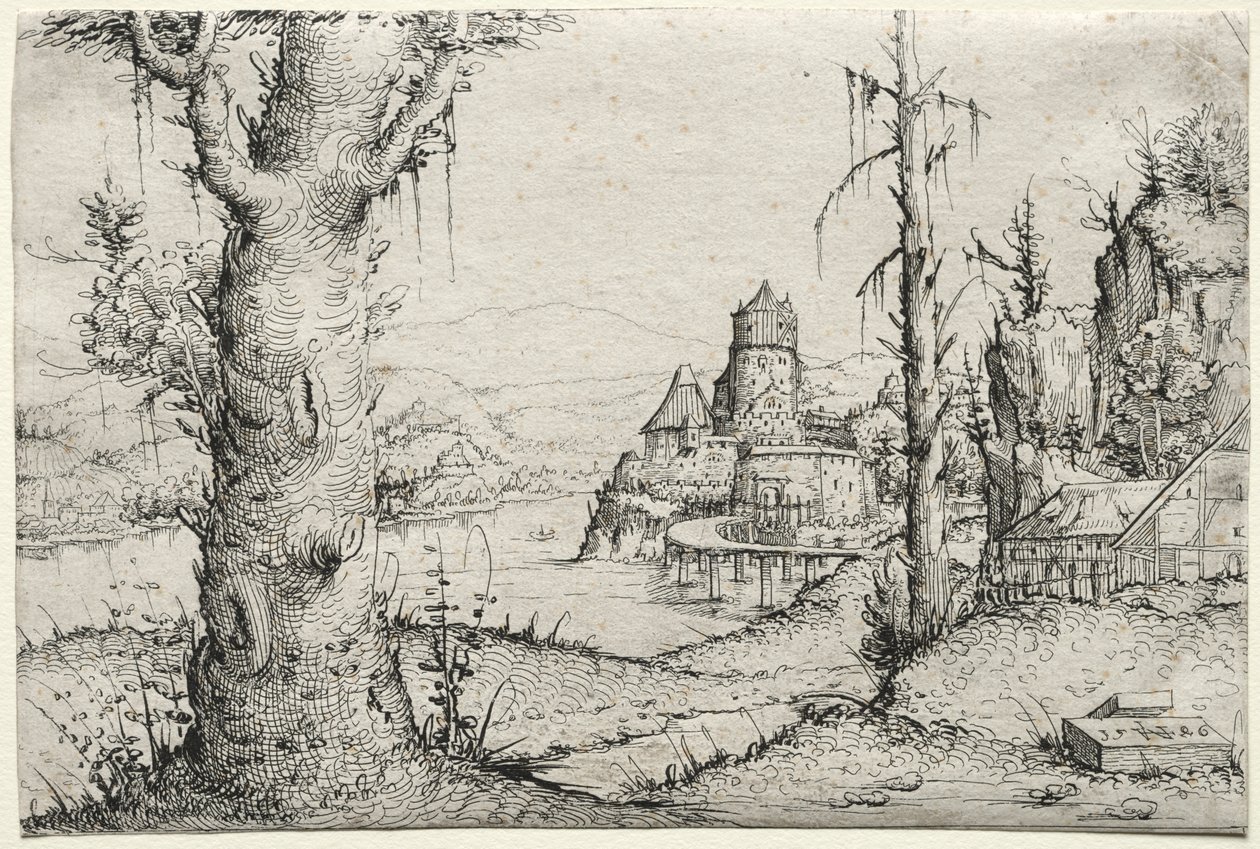 Rivierlandschap met grote boom links, 1546 door Augustin Hirschvogel