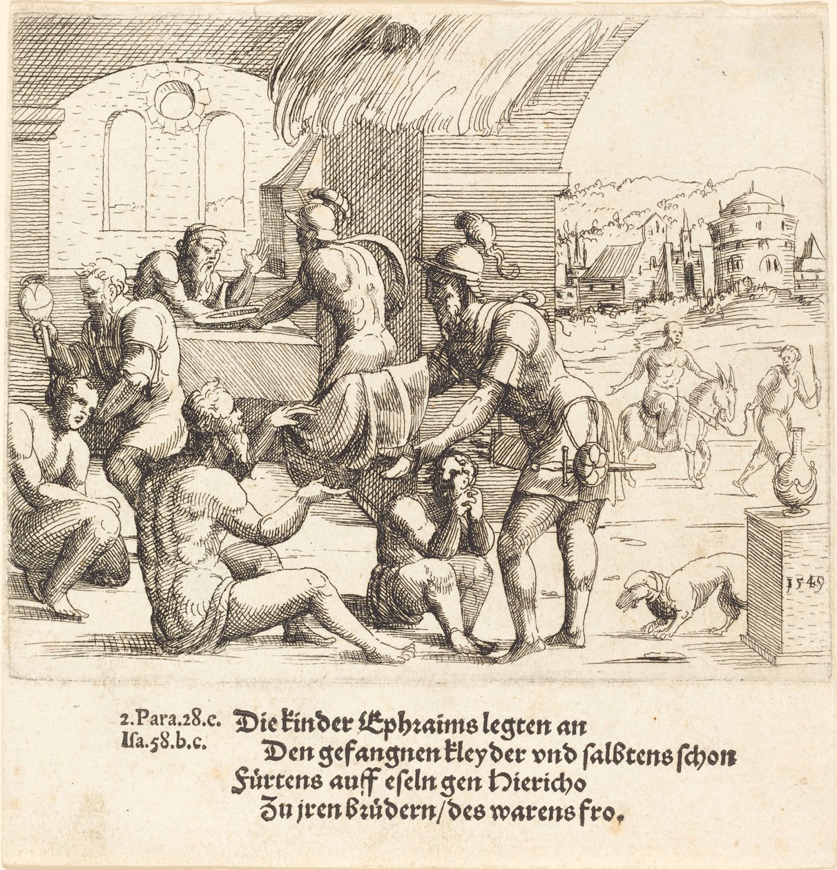 De Mannen van Efraïm Zorgen voor hun Gevangenen en Brengen Hen Terug naar Jericho, 1549 door Augustin Hirschvogel