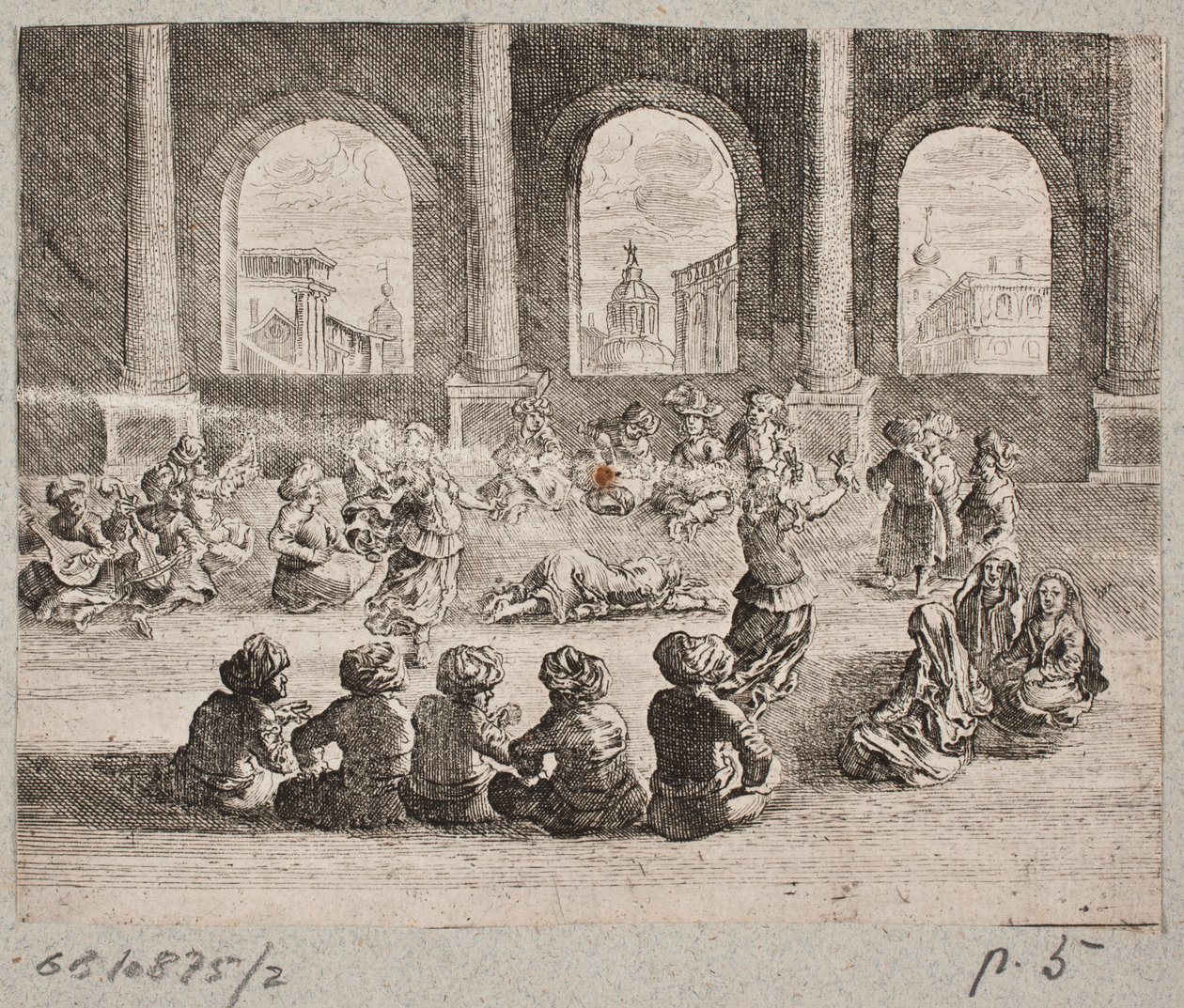 Oosters paleisinterieur met een gezelschap dat wordt vermaakt door dansers door Augustin John