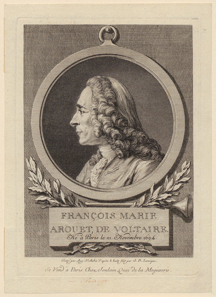Portret van François Marie Arouet de Voltaire door Augustin de Saint-Aubin
