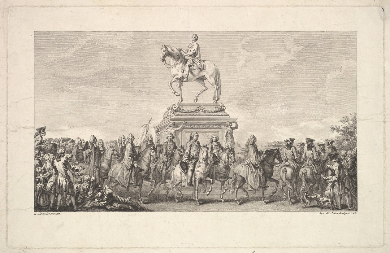 De inauguratie van het standbeeld van Lodewijk XV, vignette op pagina 1, uit Description des Trava door Augustin de Saint Aubin