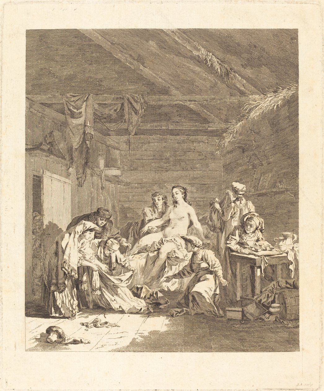 Het opstaan van de Russische bruid (Gebruik van de Russen na de huwelijksceremonie en voor het huwelijksfeest) door Augustin de Saint Aubin after Jean Baptiste Le Prince
