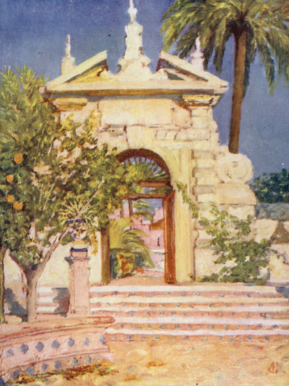 Een poort in de tuin van het Alcazar, Sevilla (kleurenlitho) door Augustine Fitzgerald