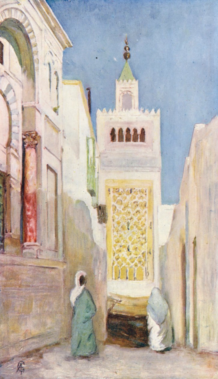 Een straat in Tunis (kleurenlitho) door Augustine Fitzgerald