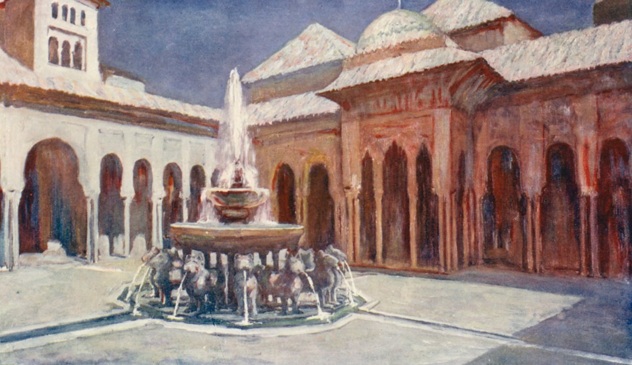 Het hof van de leeuwen, Het Alhambra (kleurenlitho) door Augustine Fitzgerald