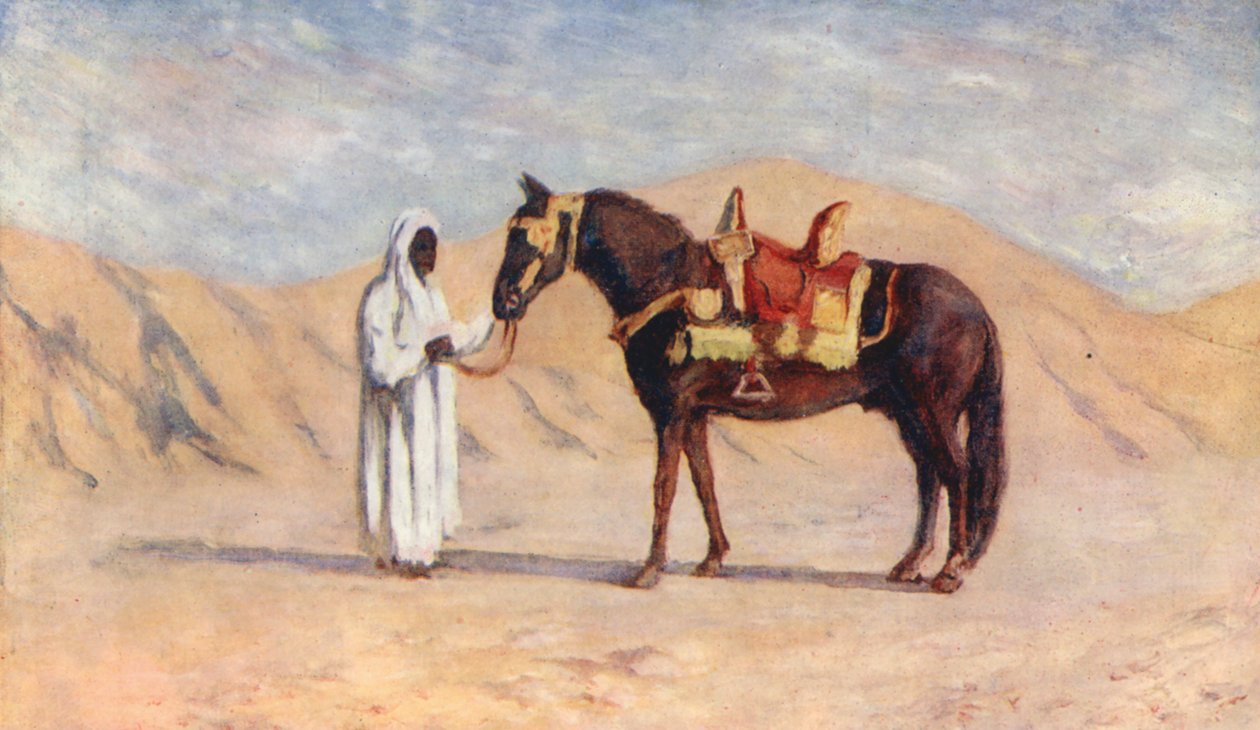 Het paard van de Bash Aga, Biskra (kleurenlitho) door Augustine Fitzgerald