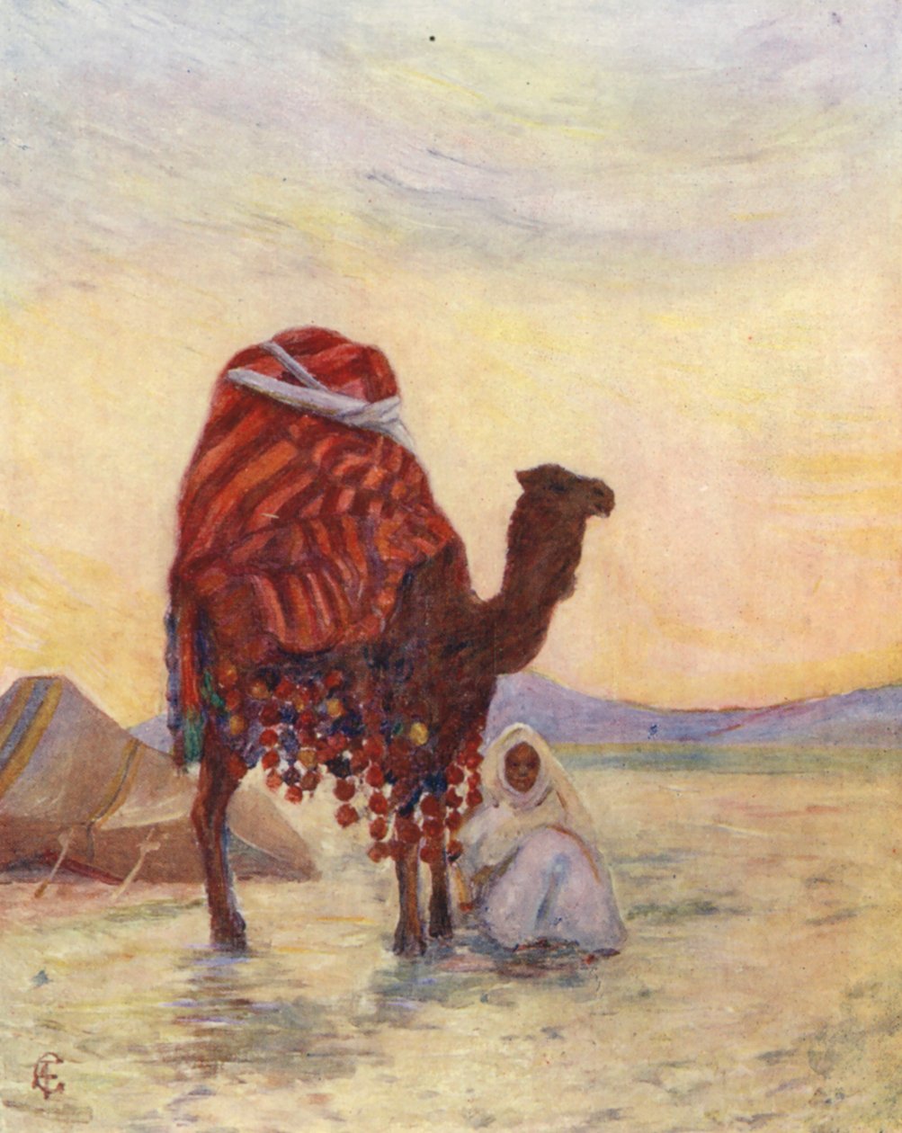 De draagstoel van de Bash Aga, Biskra (kleurenlitho) door Augustine Fitzgerald