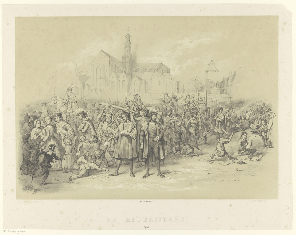 Rederijkers delen pamfletten uit door Augustinus Jacobus Bernardus Wouters