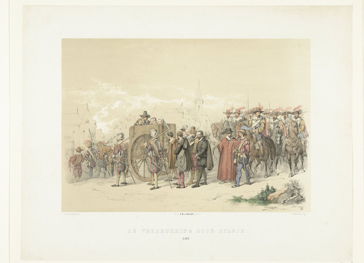 Wegvoeren van burgers in gevangenschap door Spaanse soldaten, 1567 door Augustinus Jacobus Bernardus Wouters