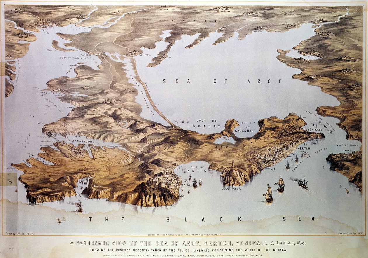 Panoramisch uitzicht op de Zee van Azov met de geallieerde positie, uit overheidskaarten en plannen en uit schetsen gemaakt door een militaire ingenieur, gepubliceerd door Stannard en Dixon, 1855 door Augustus Butler