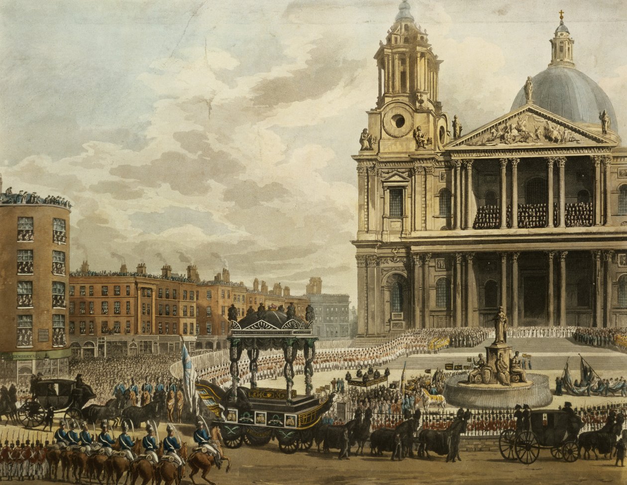 Begrafenisstoet van wijlen Burggraaf Nelson, van de Admiraliteit naar St. Pauls, 9 januari 1806, gegraveerd door Merigot, uitgegeven 1806 door Augustus Charles Pugin
