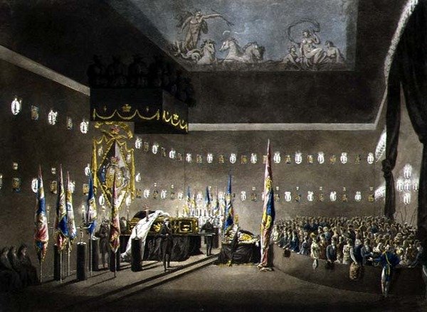 Restanten van Lord Viscount Nelson in Staat in de Painted Chamber in Greenwich Hospital, gegraveerd door J. Merigot, uitgegeven 1806 (kleurengraving) door Augustus Charles (after) Pugin