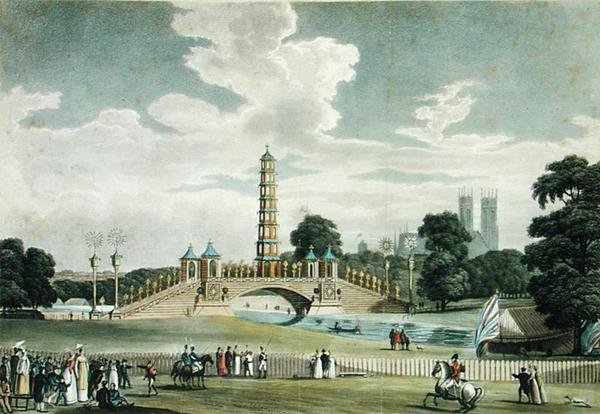 Uitzicht op de brug en pagode, St. James