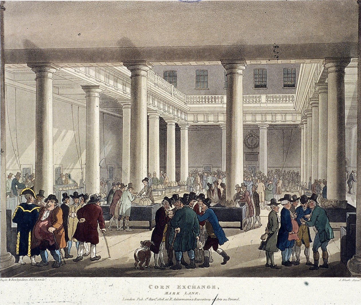 Graanbeurs, Londen, 1808 door Augustus Charles Pugin, Thomas Rowlandson