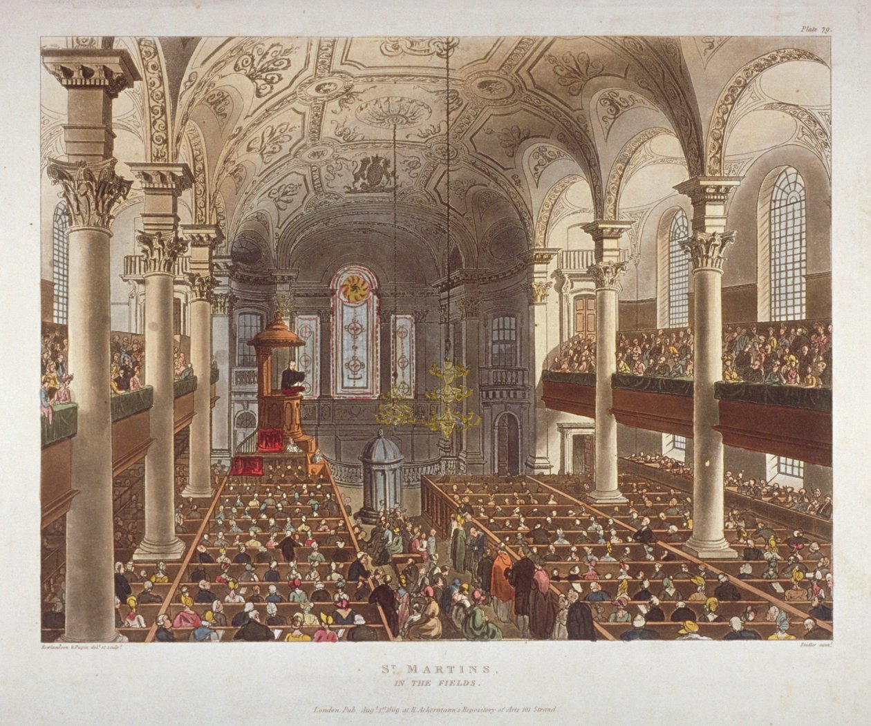 Interieur van de Kerk van St Martin-in-the-Fields, Westminster, Londen door Augustus Charles Pugin, Thomas Rowlandson