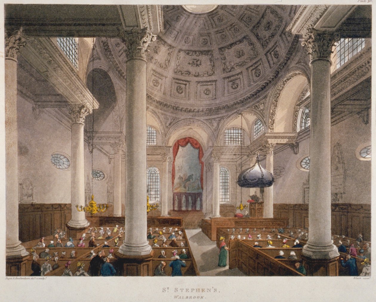 Interieur van de kerk van St. Stephen Walbrook tijdens een dienst, City of London, 1809 door Augustus Charles Pugin, Thomas Rowlandson