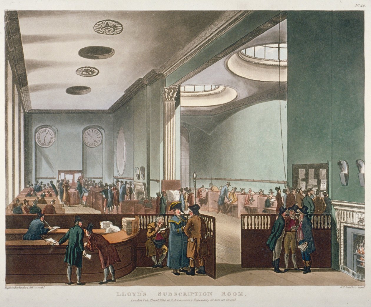 Interieur van Lloyds Abonnementsruimte in de Royal Exchange, City of London, 1809 door Augustus Charles Pugin, Thomas Rowlandson