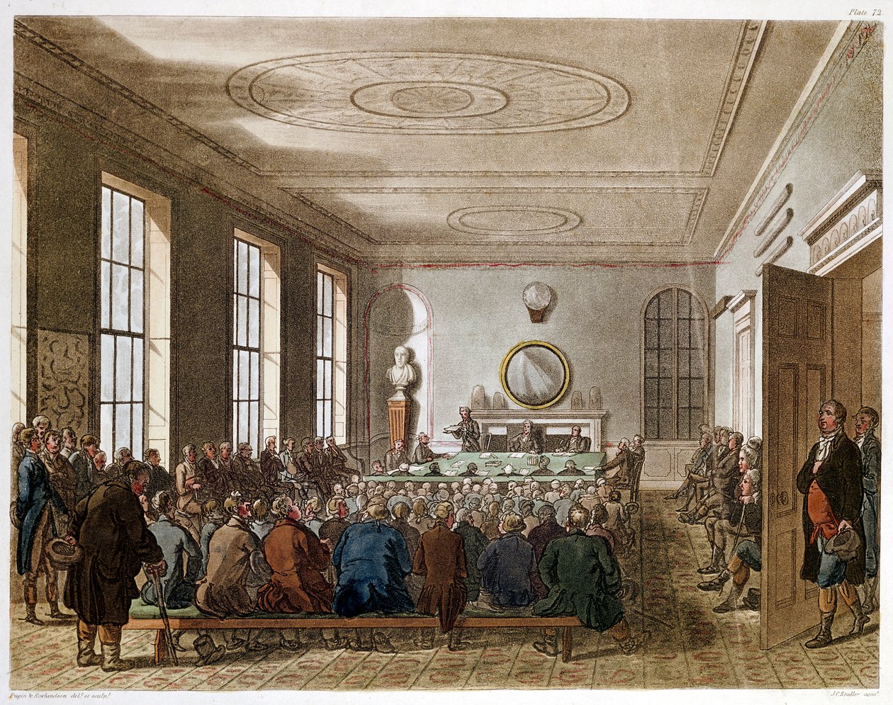 Vergadering van de Landbouwvereniging, Londen door Augustus Charles Pugin, Thomas Rowlandson