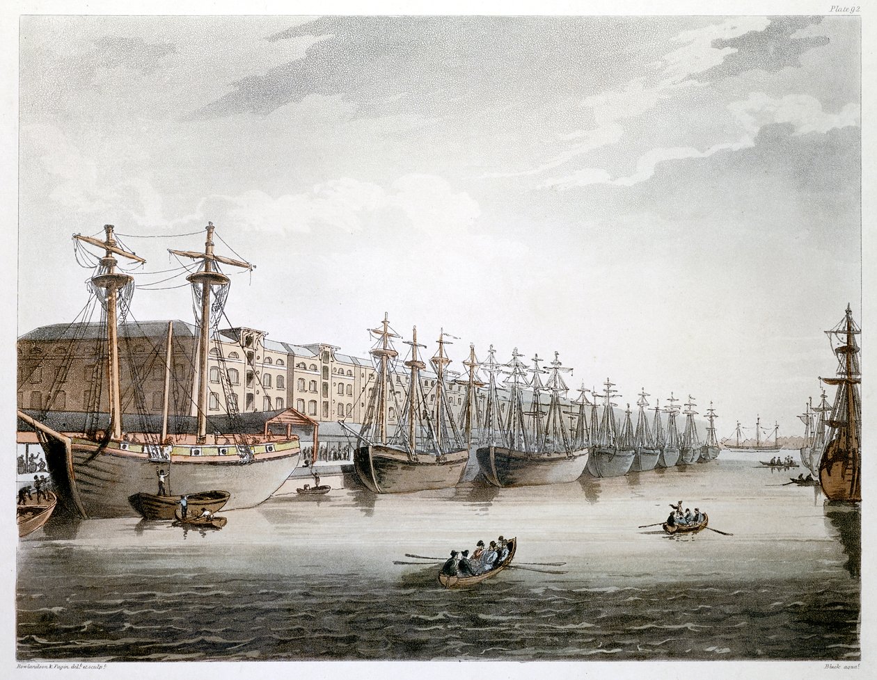 West India Docks, Londen, 1808-1810 door Augustus Charles Pugin, Thomas Rowlandson