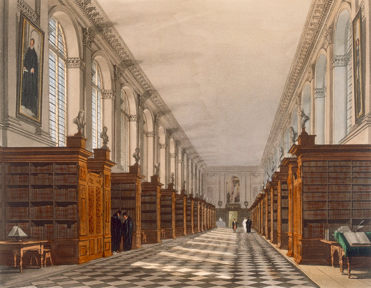 Interieur van de Trinity College Bibliotheek, Cambridge, uit De Geschiedenis van Cambridge, gegraveerd door Daniel Havell, uitgegeven door R. Ackermann, 1815 door Augustus Charles Pugin
