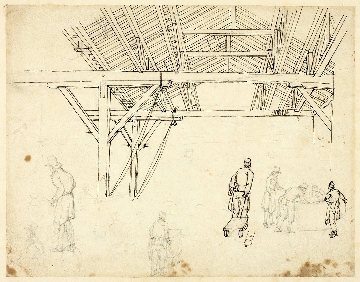 Afgewezen studie, mogelijk voor een illustratie van het Douanehuis, uit Microcosm of London (recto); Schetsen van arbeiders met vaten (verso) door Augustus Charles Pugin