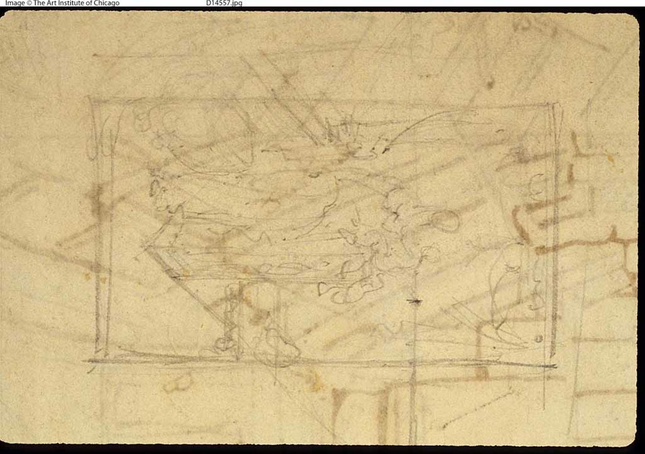 Studie voor tentoonstellingsruimte, Somerset House, uit Microcosm of London (recto); schets van een schilderij: Madonna en kind (verso) door Augustus Charles Pugin