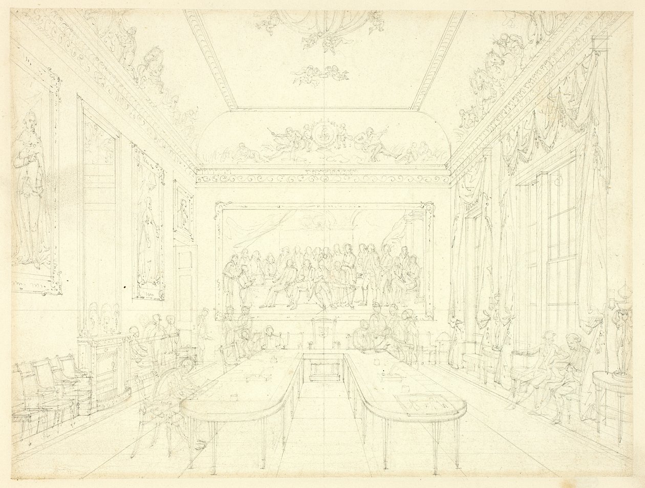 Studie voor Trinity House, uit Microcosm of London (recto); Architectonische schets van rijhuisgevels (verso) door Augustus Charles Pugin