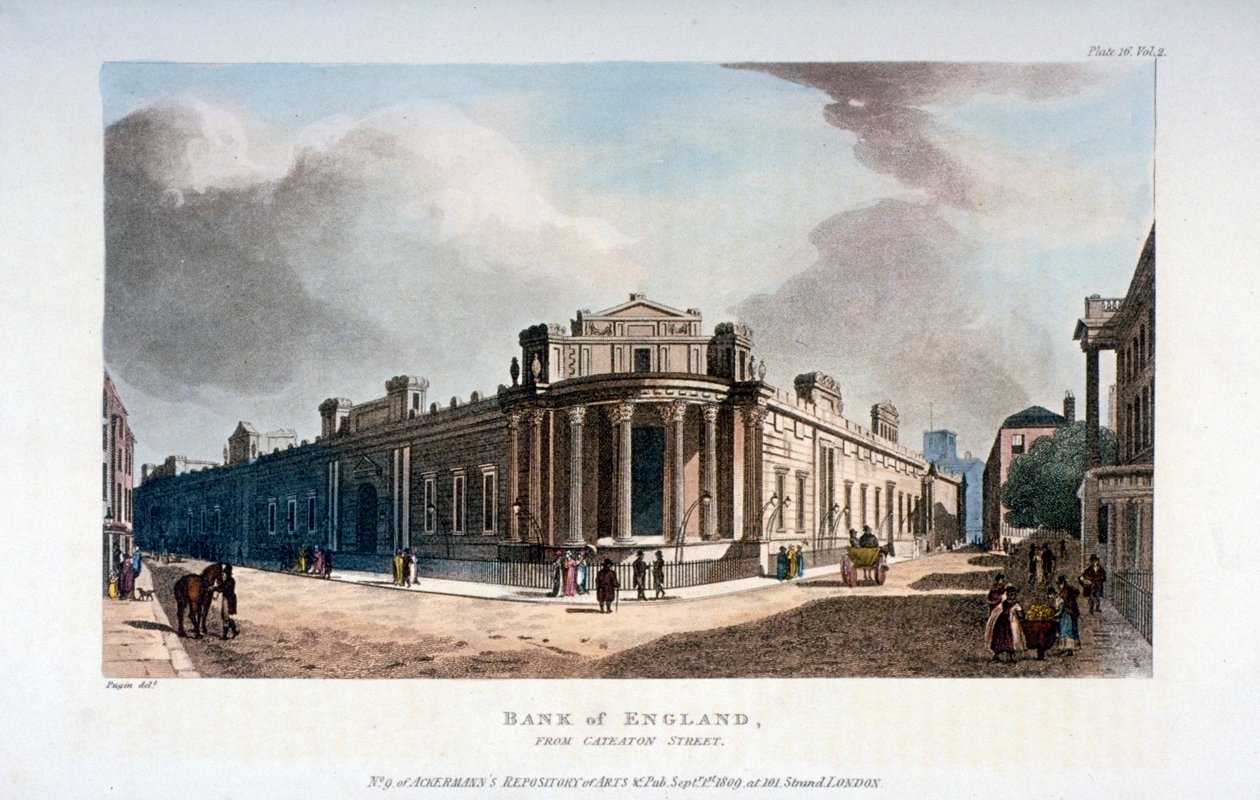 De Bank of England, vanaf Cateaton Street, City of London, 1809 door Augustus Charles Pugin