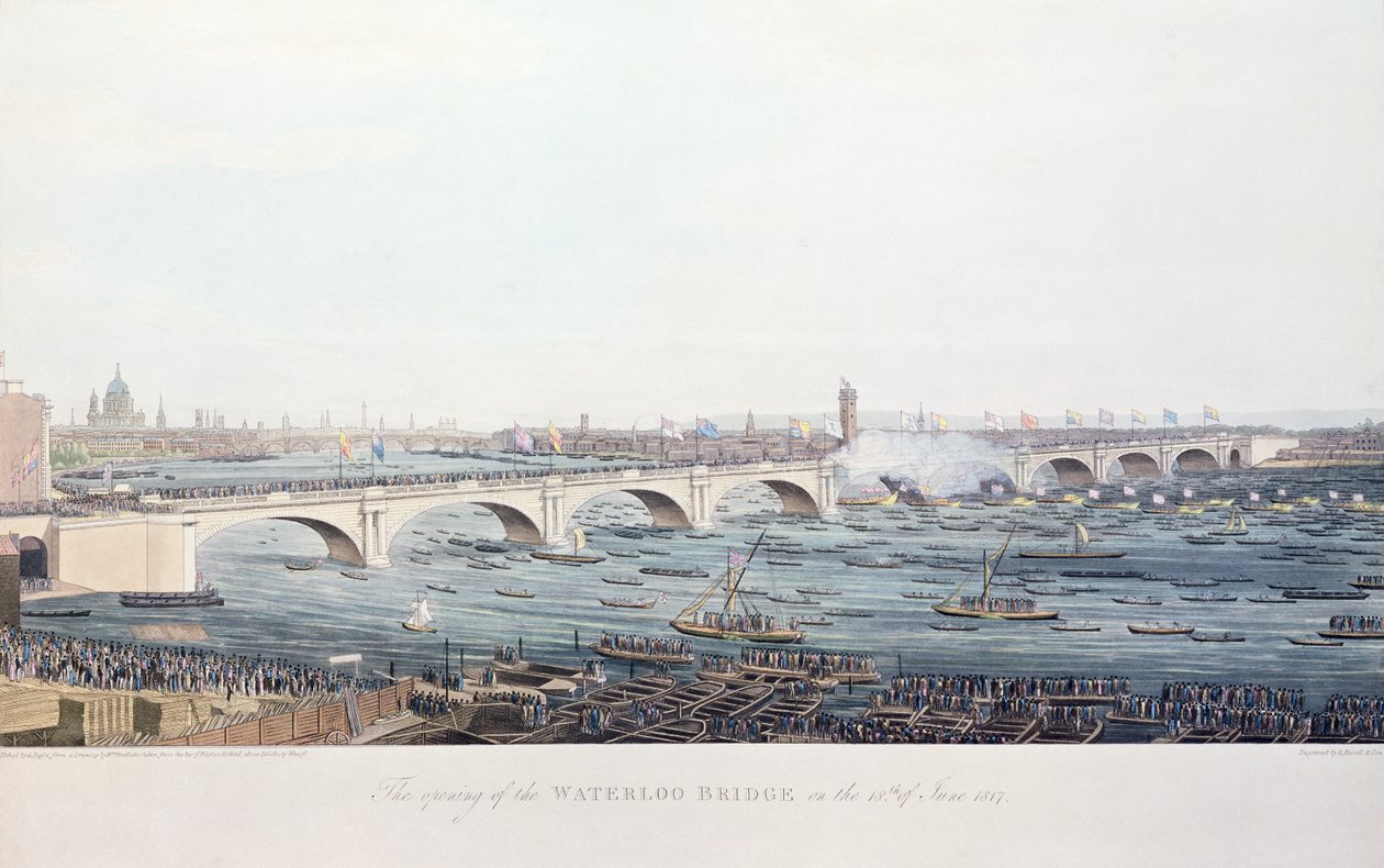 De opening van de Waterloo-brug op 18 juni 1817, geëtst door A. Pugin naar een tekening van W. Findlater, gegraveerd door R. Havell en Zoon, 1818 (kleurgravure) door Augustus Charles Pugin