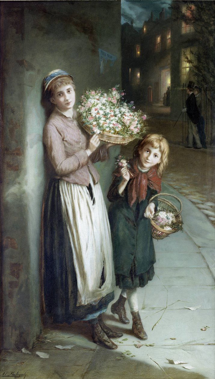Bloemenmeisjes – een zomernacht door Augustus Edwin Mulready
